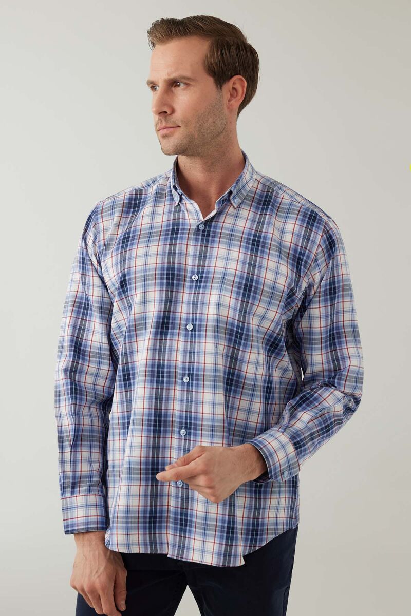 Erkek Mavi Beyaz Regular Fit Kare Desenli Pamuklu Gömlek - 6