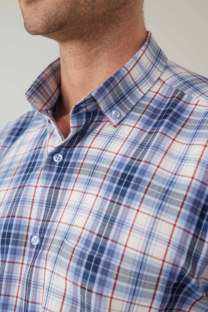 Erkek Mavi Beyaz Regular Fit Kare Desenli Pamuklu Gömlek - 7