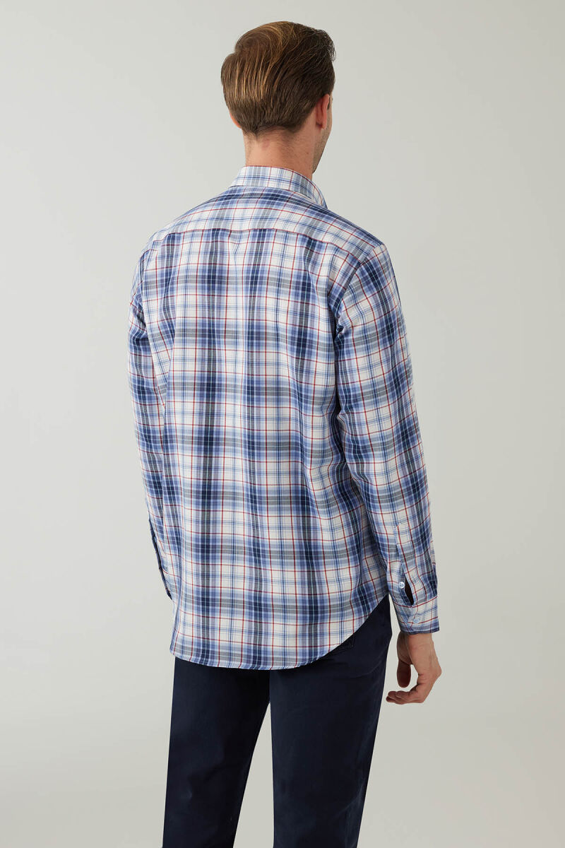 Erkek Mavi Beyaz Regular Fit Kare Desenli Pamuklu Gömlek - 8