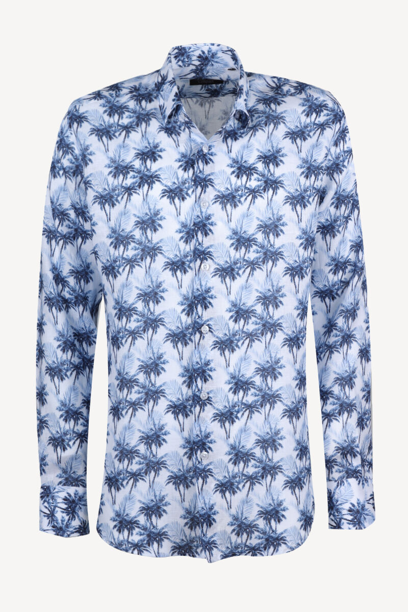 Erkek Mavi Beyaz Slim Fit %100 Keten Palmiye Desenli Gömlek - 1