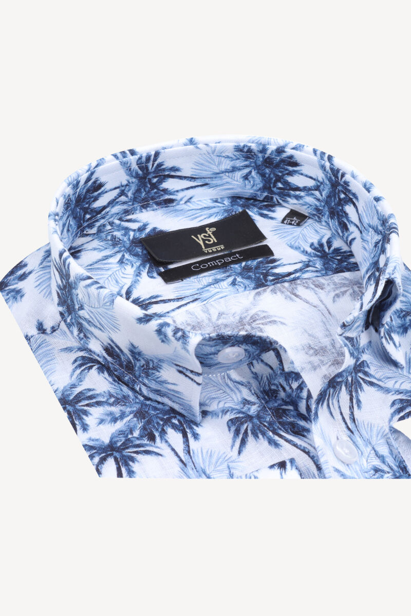 Erkek Mavi Beyaz Slim Fit %100 Keten Palmiye Desenli Gömlek - 2