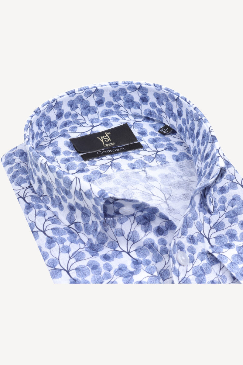 Erkek Mavi Beyaz Slim Fit Keten Desenli Gömlek - 2