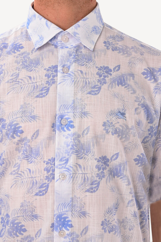 Erkek Mavi Beyaz Slim Fit Kısa Kol Cotton Gömlek