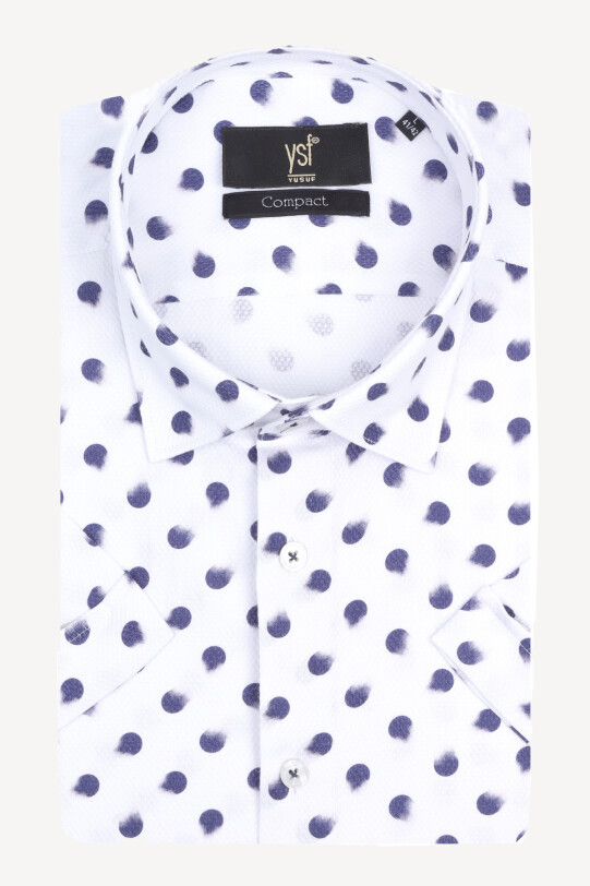 Erkek Mavi Beyaz Slim Fit Kısa Kol Nokta Desenli Gömlek