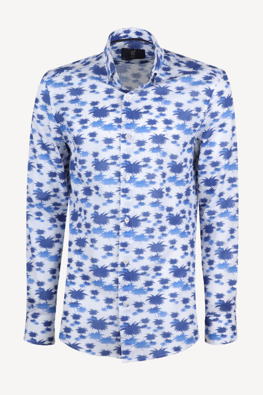 Erkek Mavi Beyaz Slim Fit Palmiye Desenli %100 Keten Gömlek