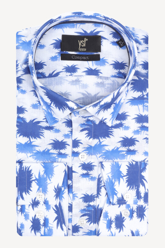 Erkek Mavi Beyaz Slim Fit Palmiye Desenli %100 Keten Gömlek