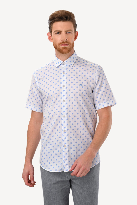 Erkek Mavi Beyaz Slim Fit Yaka Düğmeli Desenli Gömlek