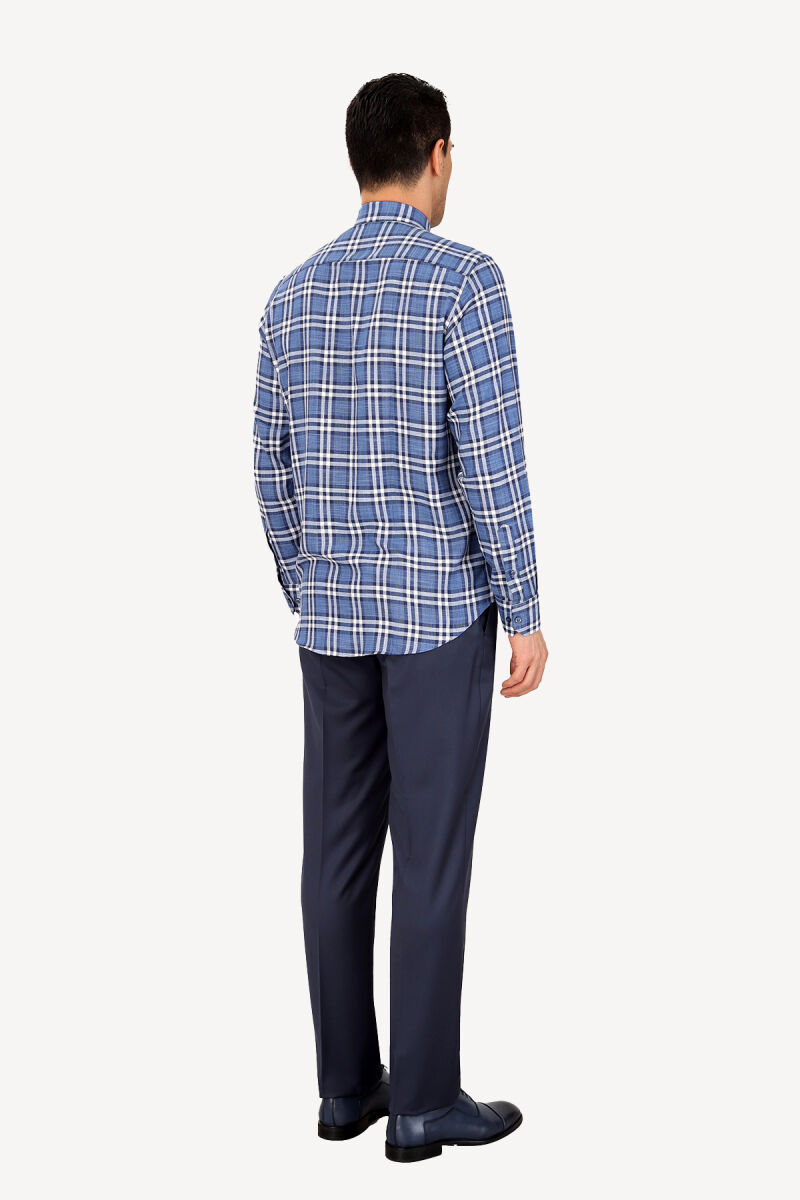 Erkek Mavi Beyaz Uzun Kol Spor Kareli Gömlek - 3