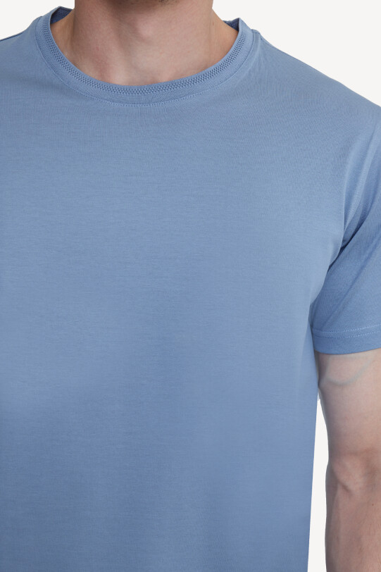 Erkek Mavi Bisiklet Yaka Pamuklu Regular Fit T-shirt