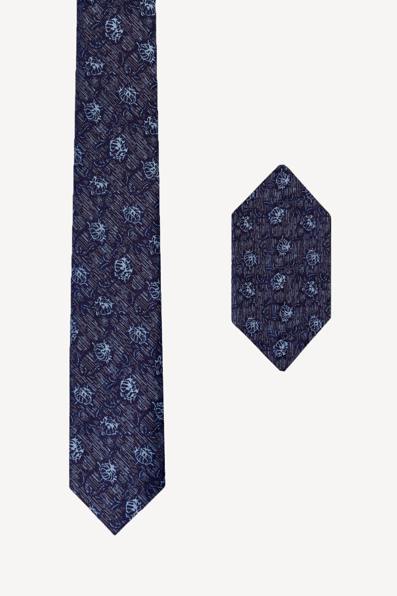 Erkek Mavi Çiçek Desenli Kravat Mendil Set - 1