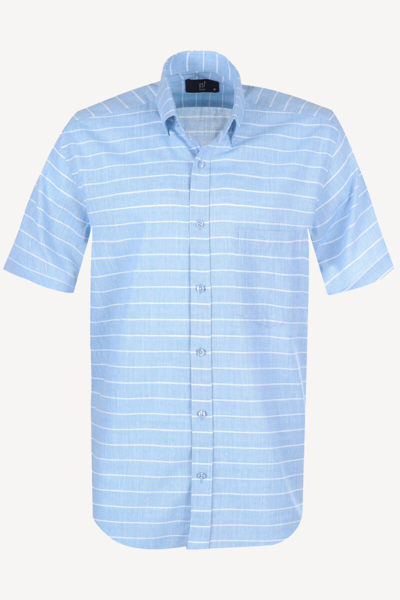 Erkek Mavi Çizgili Keten Klasik Gömlek - 1