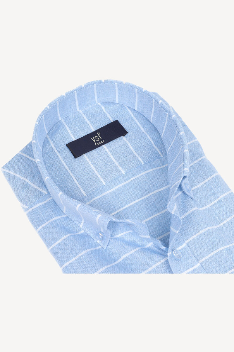 Erkek Mavi Çizgili Keten Klasik Gömlek - 2