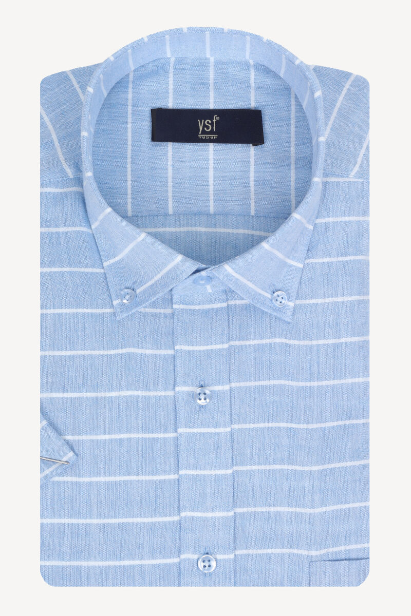 Erkek Mavi Çizgili Keten Klasik Gömlek - 3