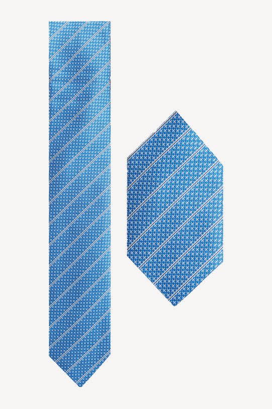 Erkek Mavi Çizgili Kravat Mendil Set - YSF