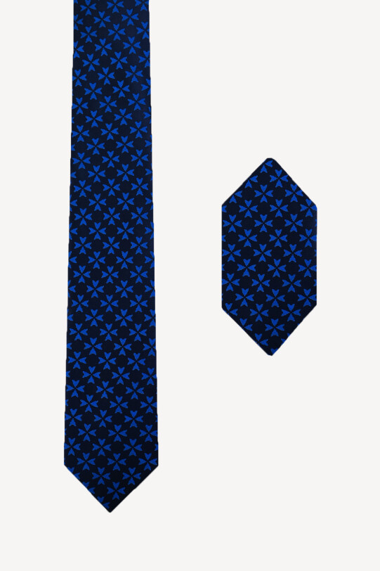 Erkek Mavi Desenli Kravat Mendil Set - YSF