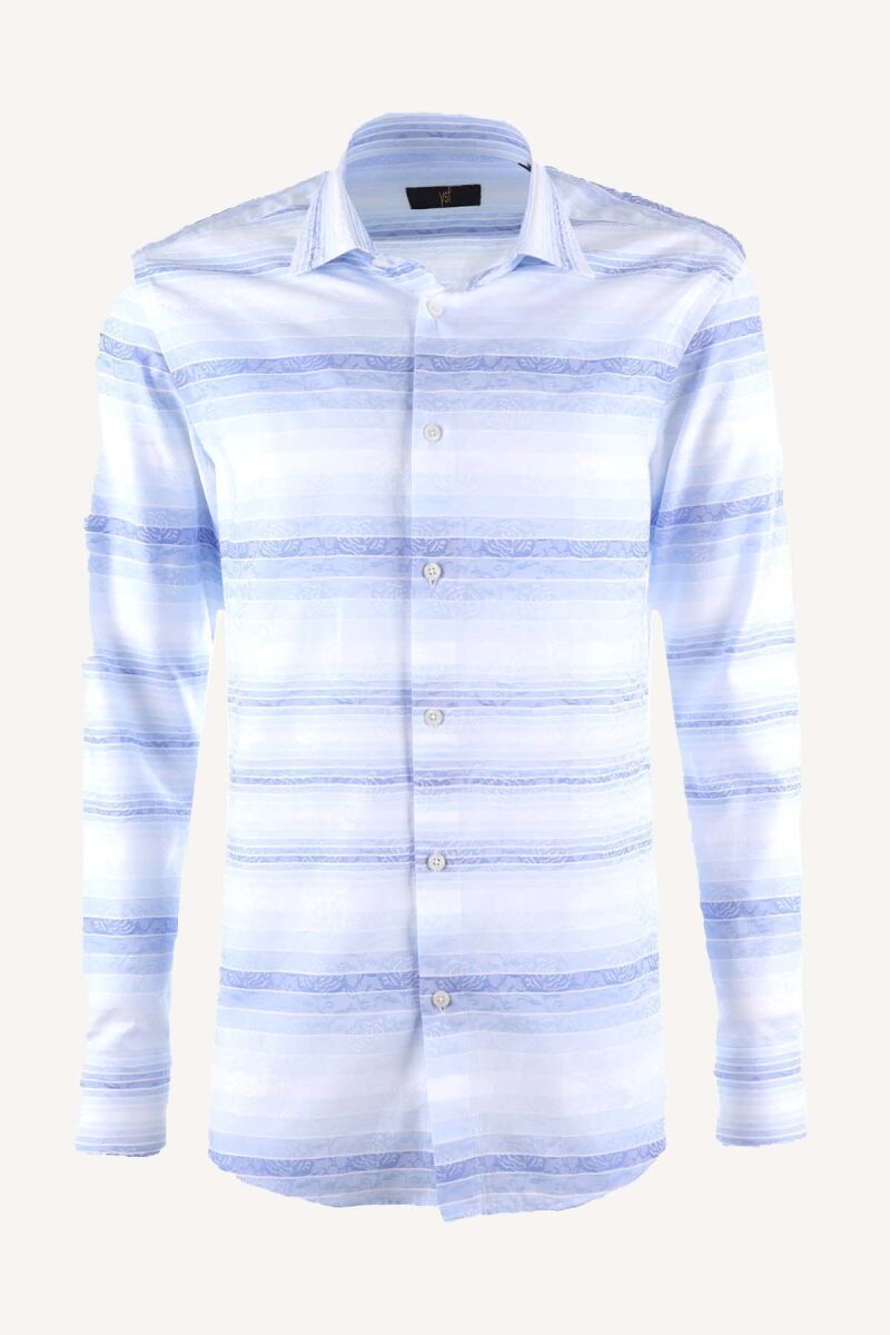 Erkek Mavi Desenli Uzun Kollu Slim Fit Gömlek - 1