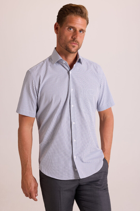 Erkek Mavi Gri Kısa Kol Regular Fit Gömlek