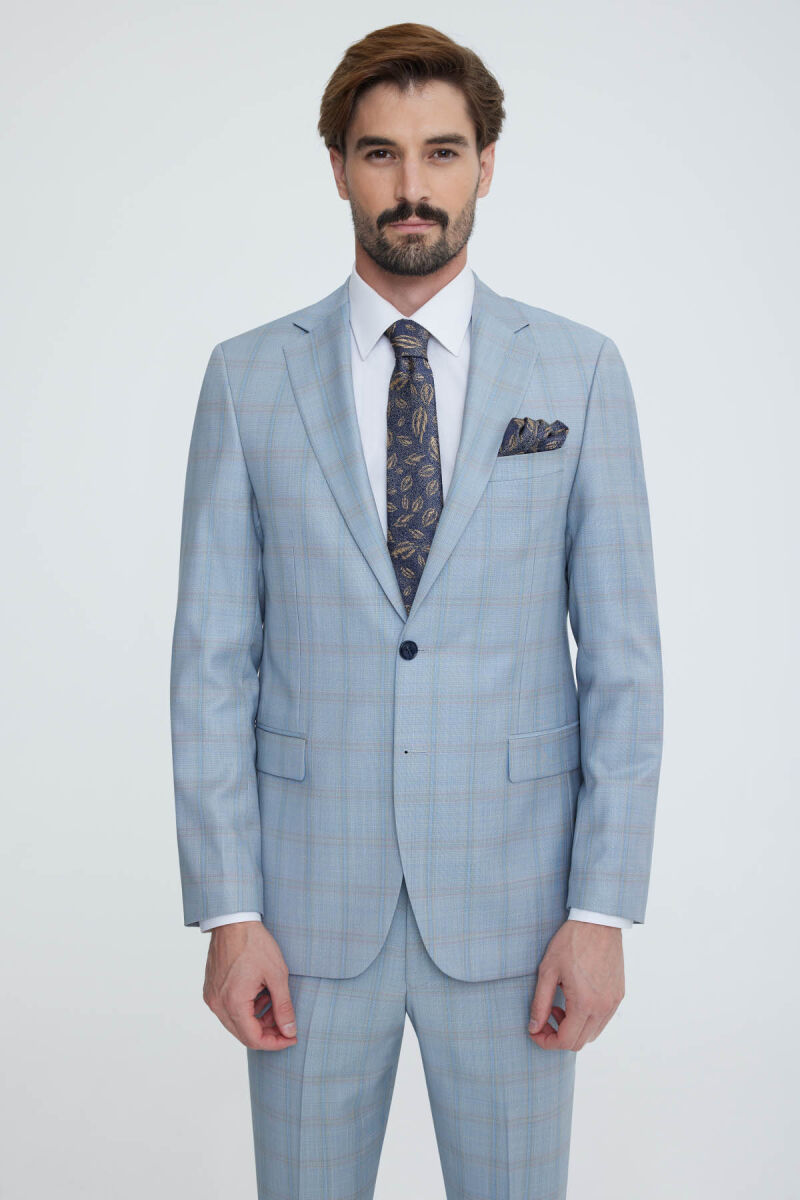 Erkek Mavi Gri Regular Fit Kareli Takım Elbise - 1