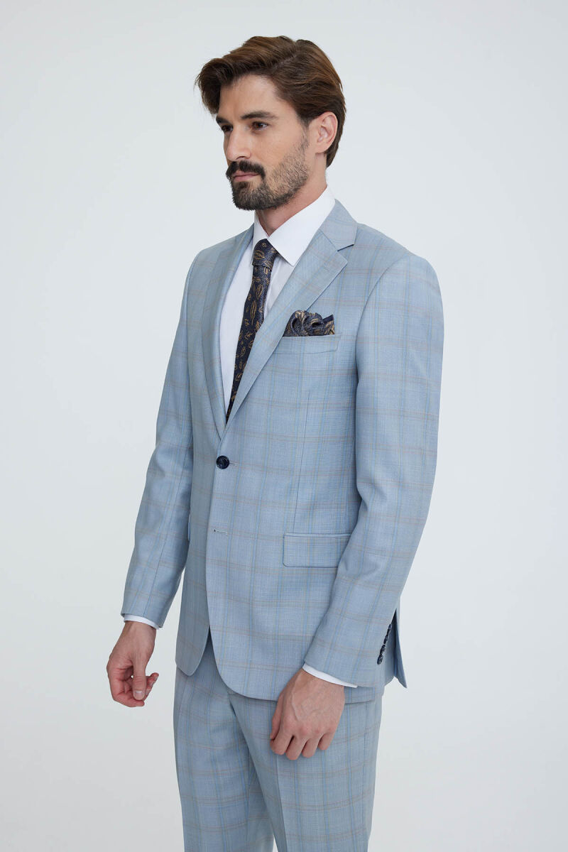 Erkek Mavi Gri Regular Fit Kareli Takım Elbise - 2