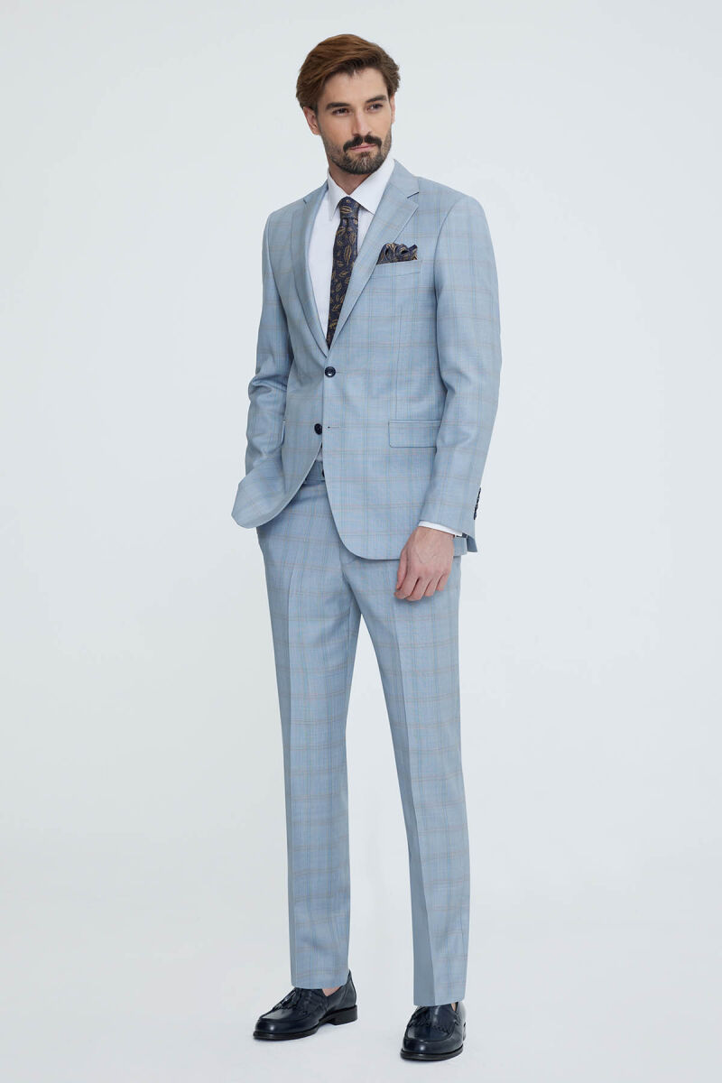 Erkek Mavi Gri Regular Fit Kareli Takım Elbise - 3
