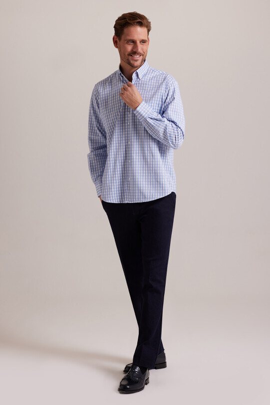 Erkek Mavi Kareli Regular Fit Yaka Düğmeli Gömlek