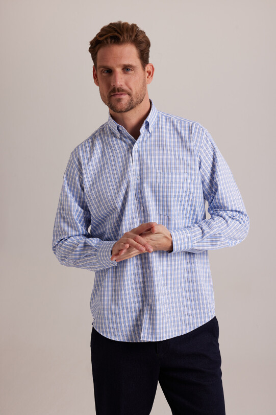 Erkek Mavi Kareli Regular Fit Yaka Düğmeli Gömlek