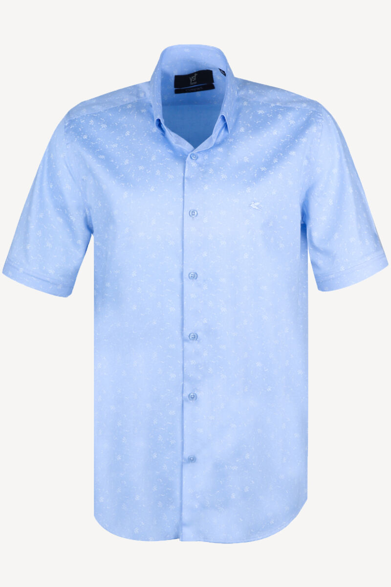 Erkek Mavi Kısa Kol Beyaz Desenli Slim Fit Gömlek - 1
