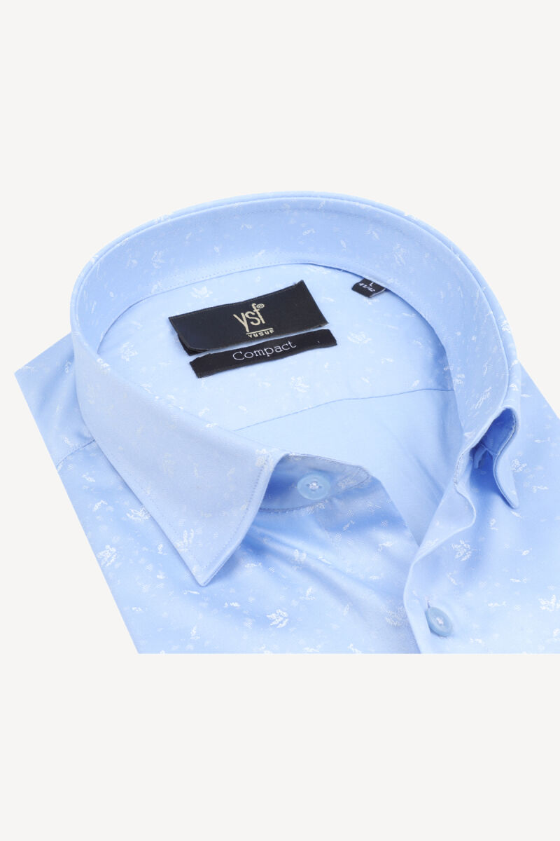 Erkek Mavi Kısa Kol Beyaz Desenli Slim Fit Gömlek - 2