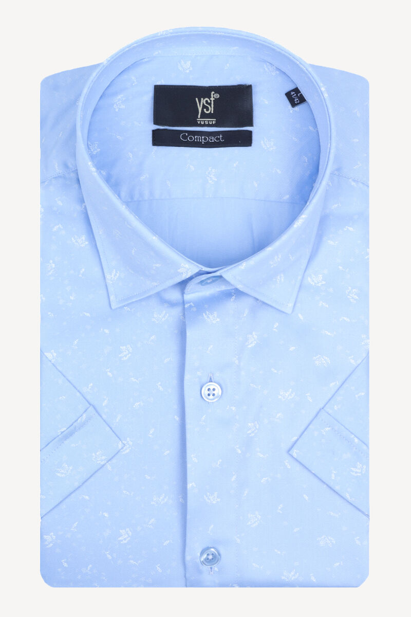 Erkek Mavi Kısa Kol Beyaz Desenli Slim Fit Gömlek - 3