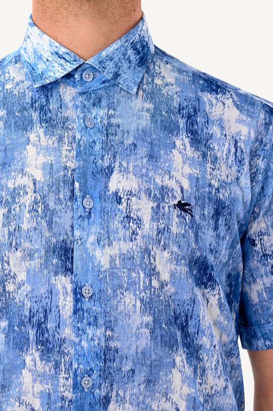 Erkek Mavi Kısa Kol Karışık Desenli Slim Fit Gömlek