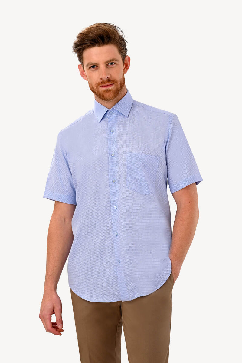 Erkek Mavi Kısa Kol Regular Fit Desenli Gömlek - 1