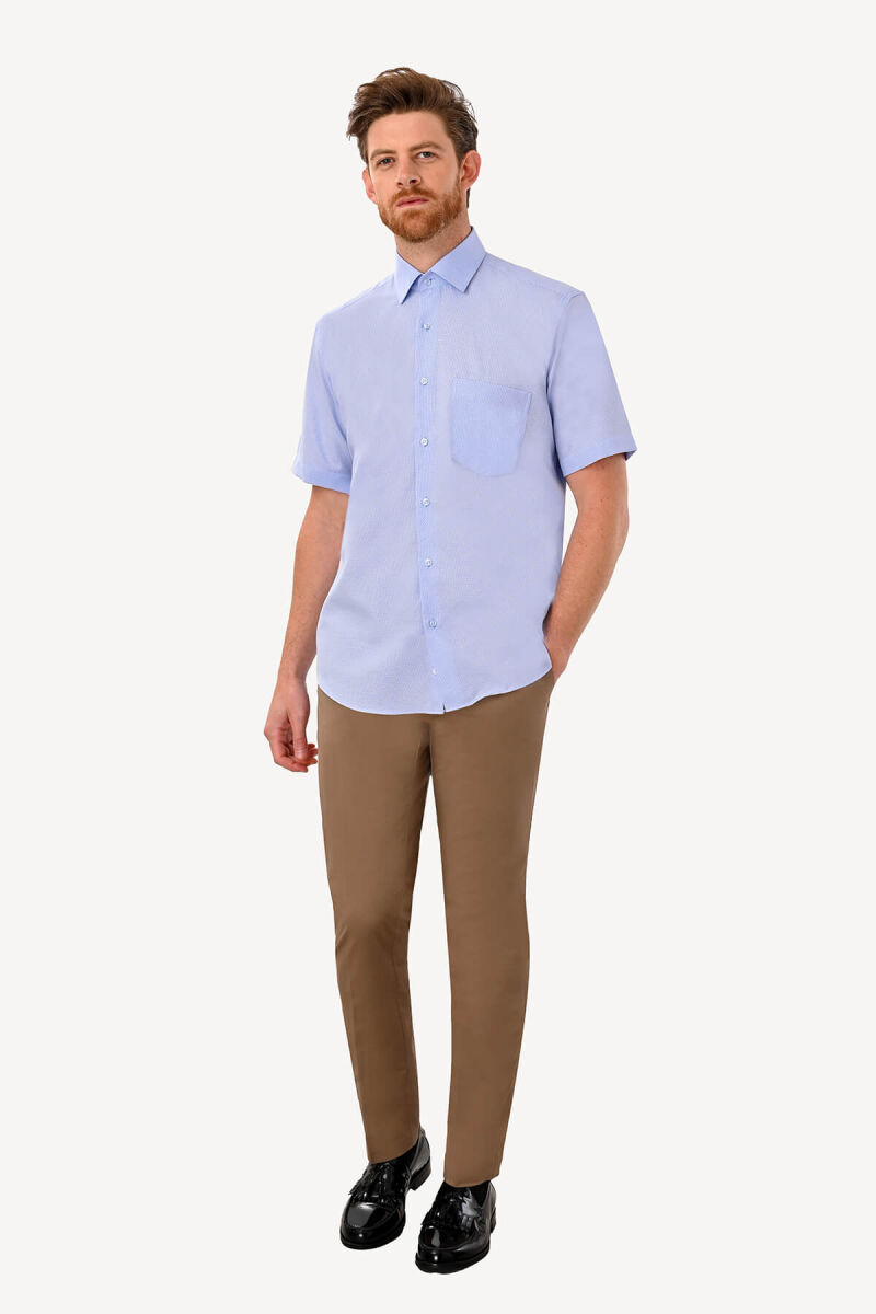 Erkek Mavi Kısa Kol Regular Fit Desenli Gömlek - 3
