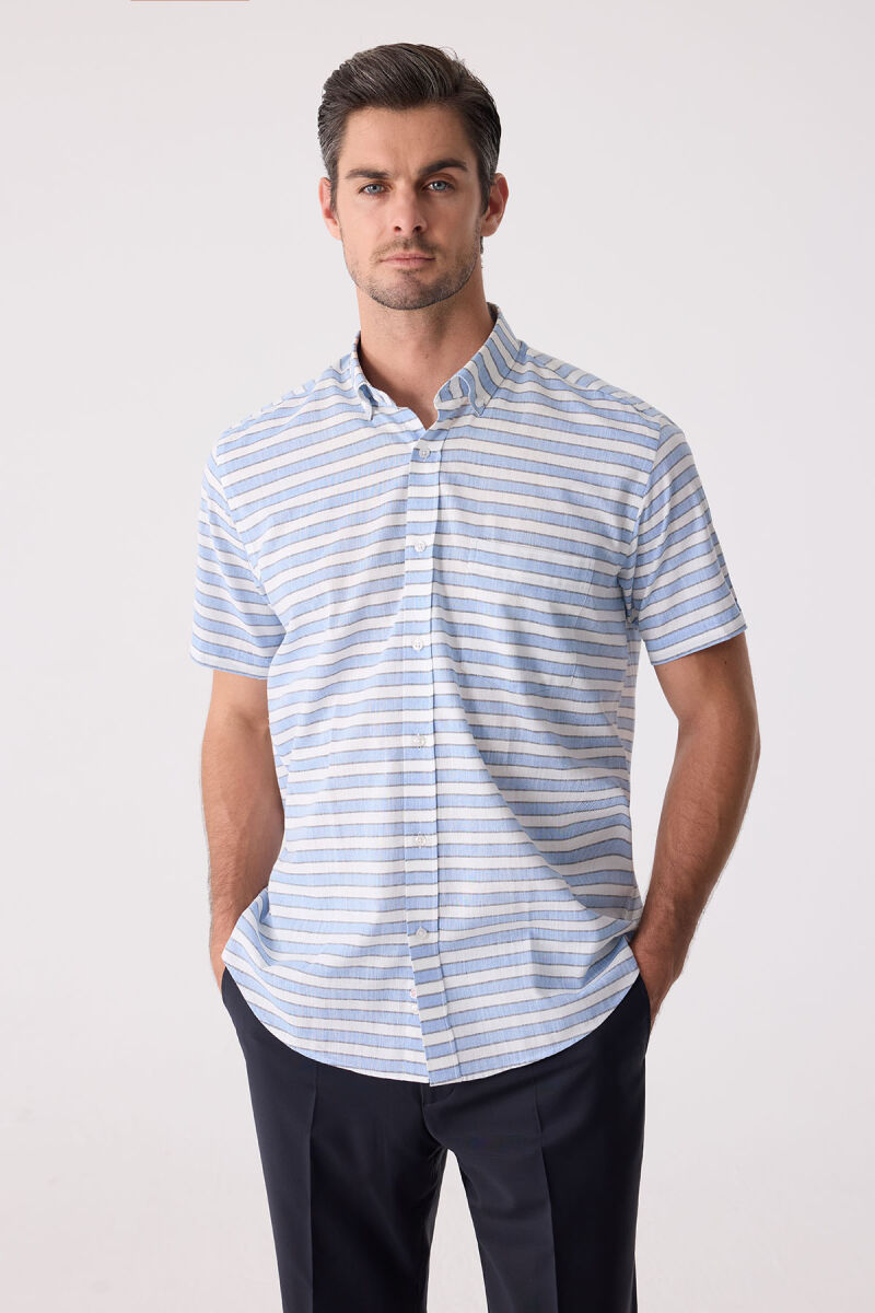 Erkek Mavi Klasik Çizgili Keten Gömlek - 1