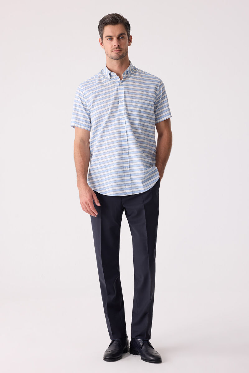 Erkek Mavi Klasik Çizgili Keten Gömlek - 2