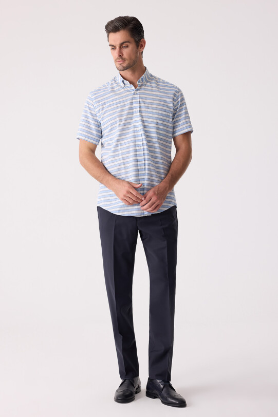 Erkek Mavi Klasik Çizgili Keten Gömlek