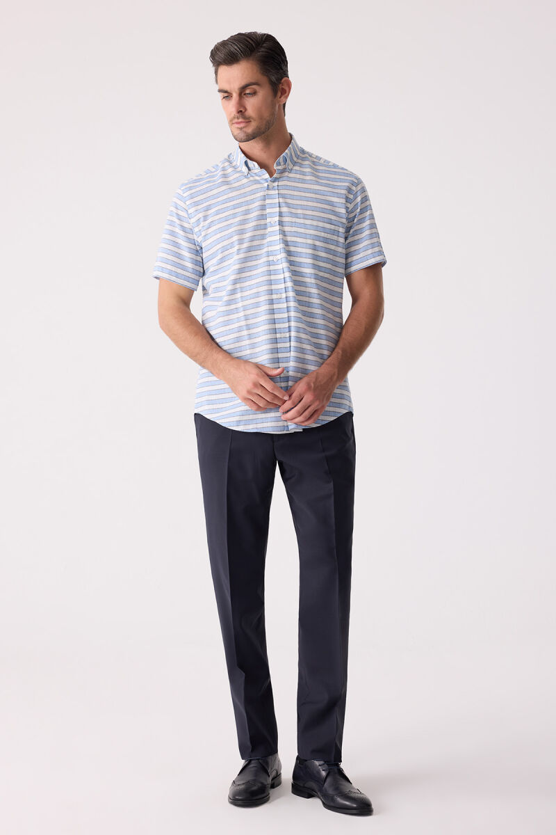Erkek Mavi Klasik Çizgili Keten Gömlek - 3