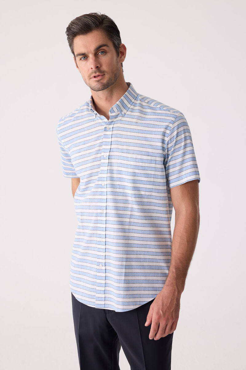 Erkek Mavi Klasik Çizgili Keten Gömlek - 5
