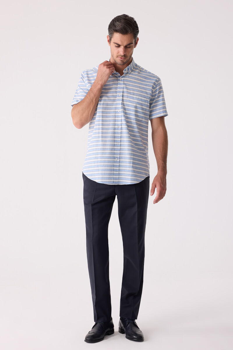 Erkek Mavi Klasik Çizgili Keten Gömlek - 6