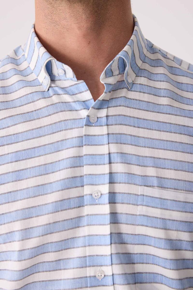 Erkek Mavi Klasik Çizgili Keten Gömlek - 7