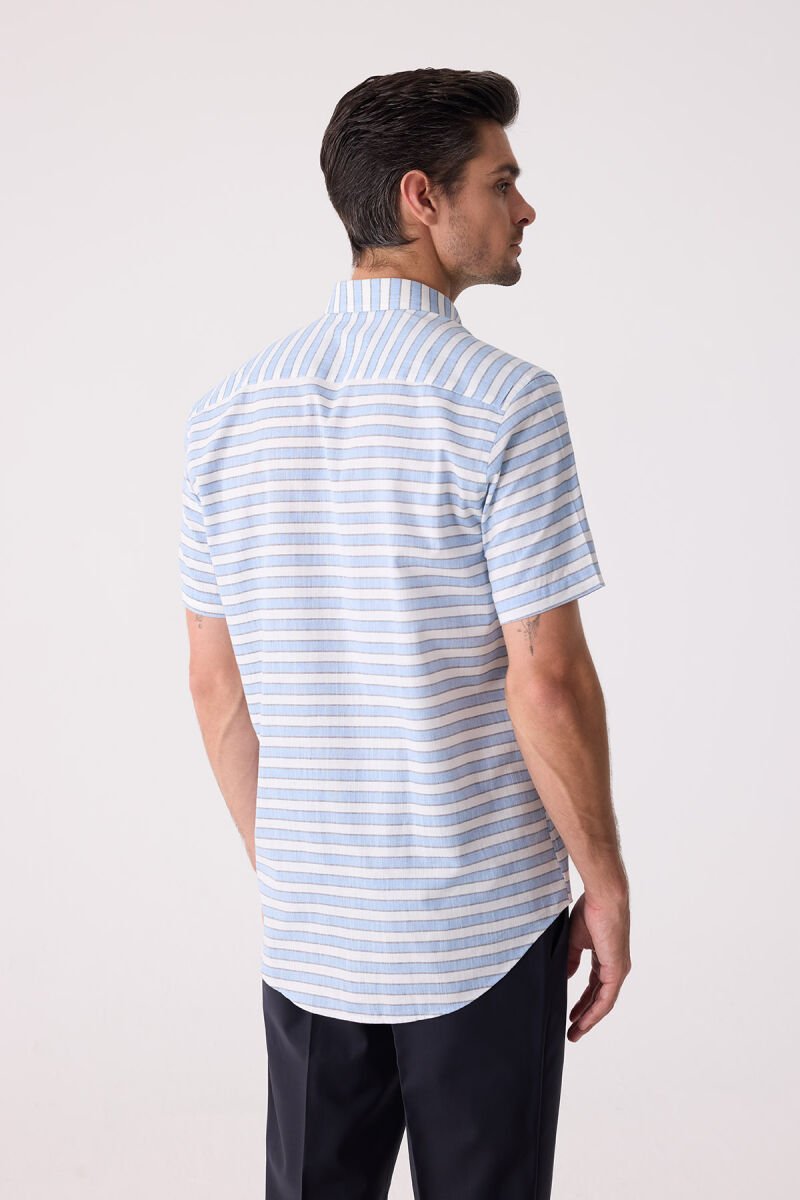 Erkek Mavi Klasik Çizgili Keten Gömlek - 8