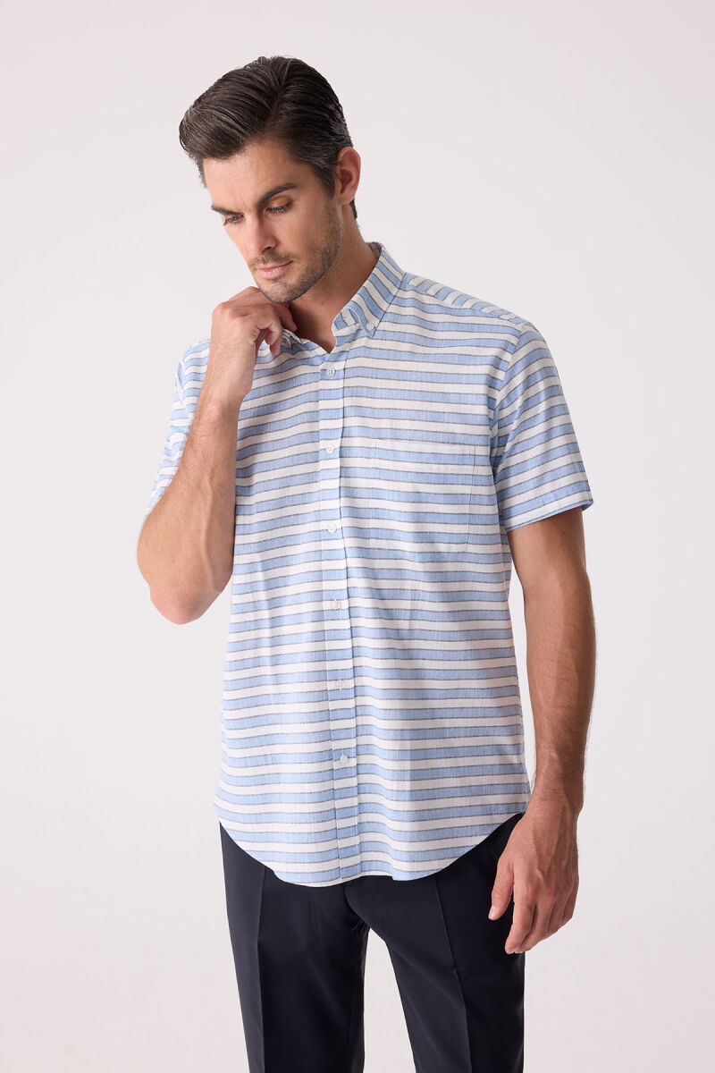 Erkek Mavi Klasik Çizgili Keten Gömlek - 4