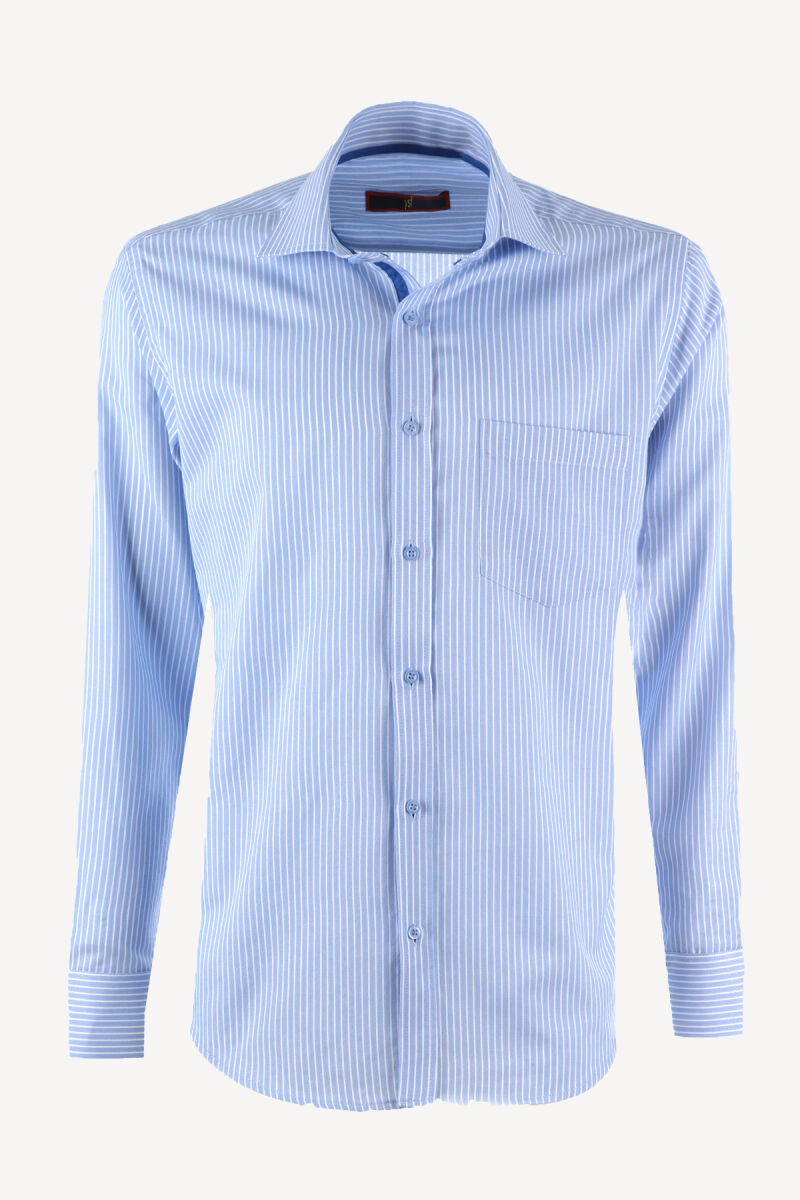 Erkek Mavi Klasik Saten %100 Pamuk Çizgili Gömlek - 1