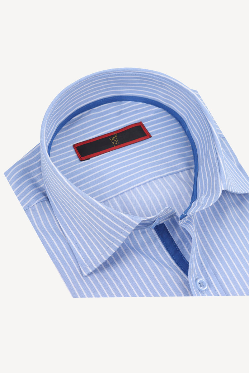 Erkek Mavi Klasik Saten %100 Pamuk Çizgili Gömlek - 2