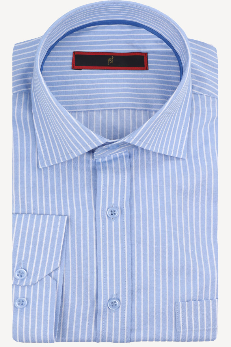 Erkek Mavi Klasik Saten %100 Pamuk Çizgili Gömlek - 3