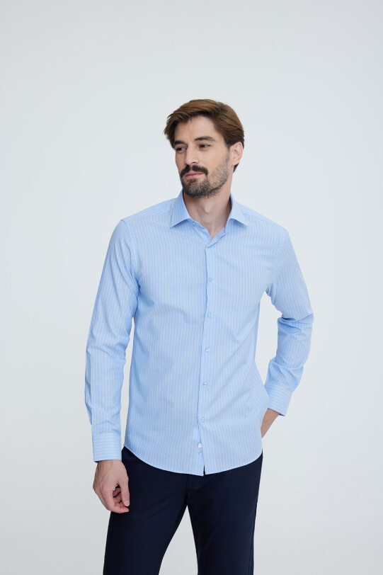 Erkek Mavi Klasik Yaka Slim Fit Uzun Kol Gömlek