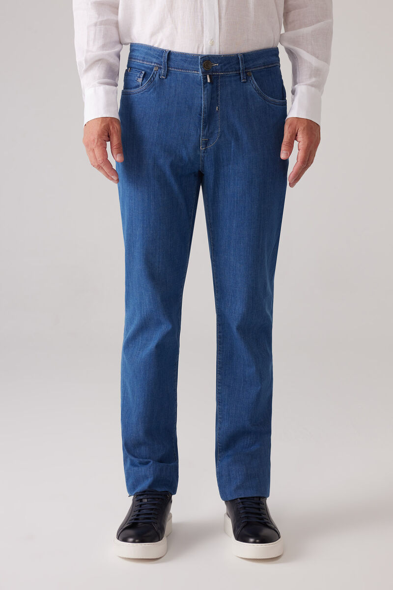 Erkek Mavi Likralı Pamuklu Regular Fit Jean Kot Pantolon - 1