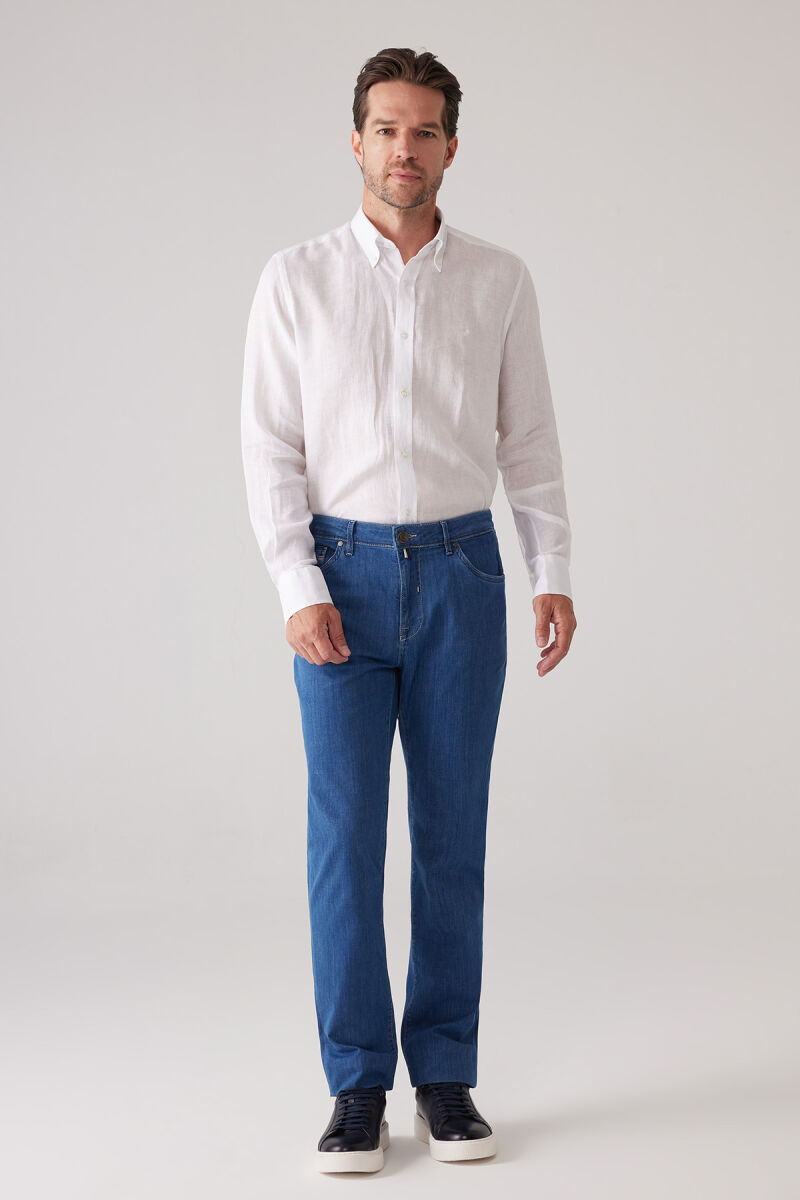 Erkek Mavi Likralı Pamuklu Regular Fit Jean Kot Pantolon - 4