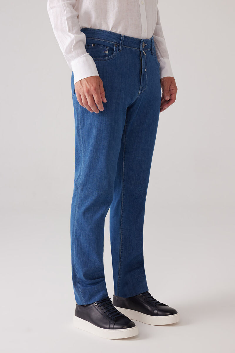 Erkek Mavi Likralı Pamuklu Regular Fit Jean Kot Pantolon - 5