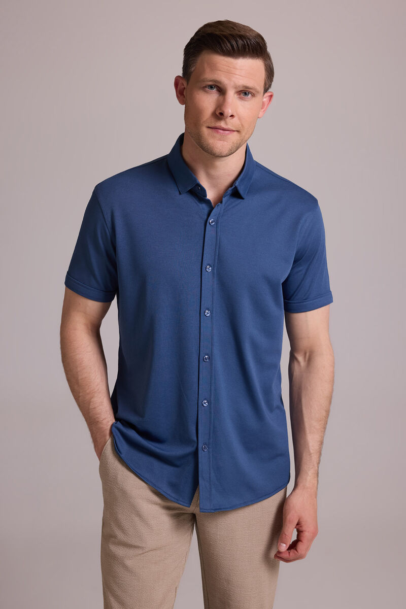 Erkek Mavi Merserize Kısa Kol Gömlek - 2