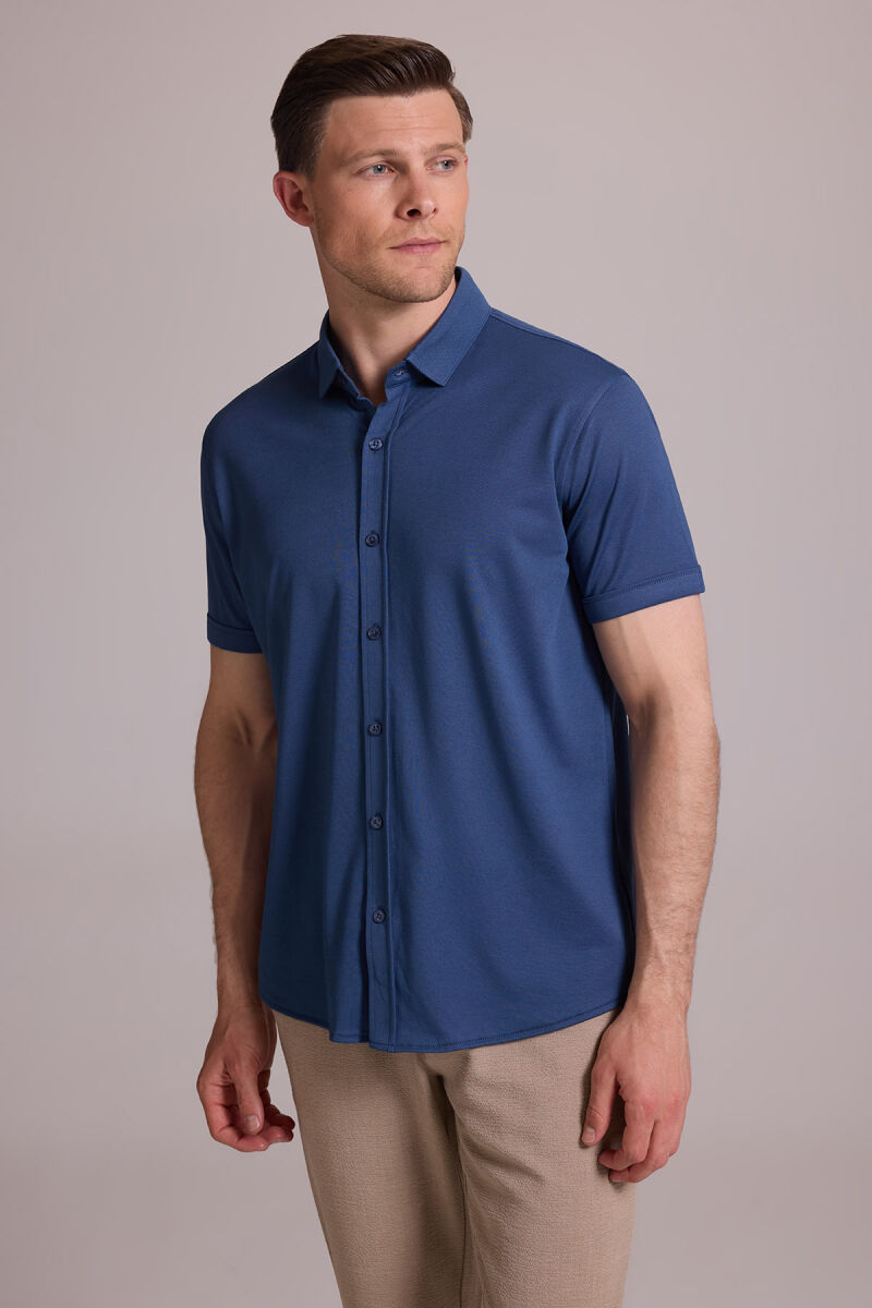 Erkek Mavi Merserize Kısa Kol Gömlek - 3